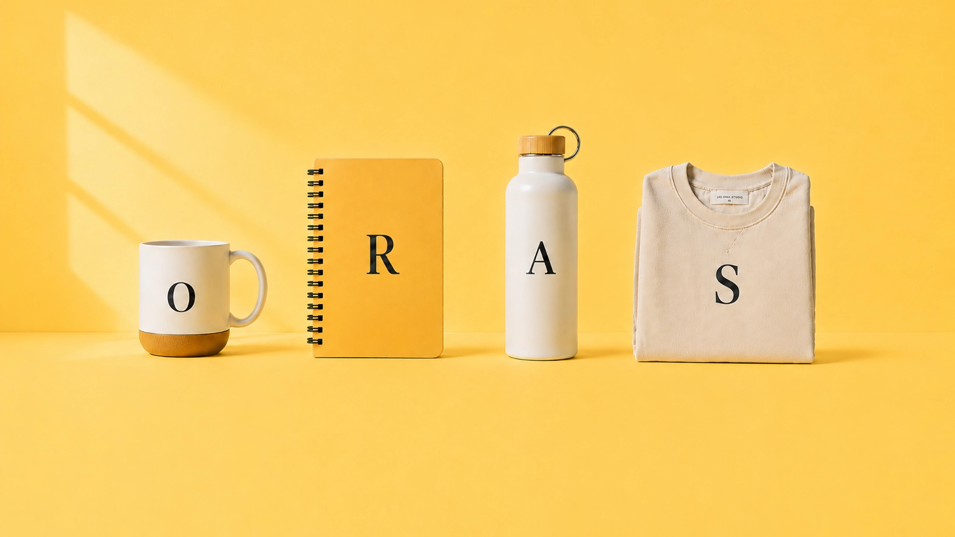 Taza con la letra O, cuaderno con la letra R, botella con la letra A y sudadera con la letra S, representando las fases Origen, Raíces, Acción y Sistema