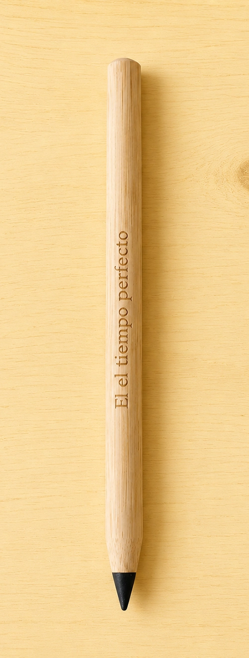 Lápiz de madera personalizado con el mensaje El tiempo perfecto sobre fondo amarillo